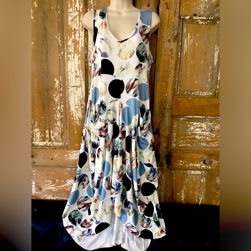 KOZAN Dress Size Large High Low Blue Circles Pockets Stretch Midi Laganlook